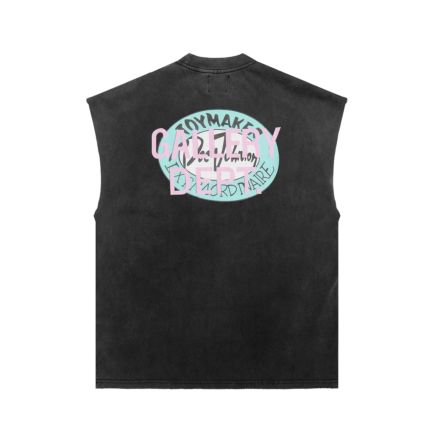 pt model number #G1012 P116 GALLERY DEPT. Distressed and frayed sleeveless waistcoat short sleeves. Angel's tears. Front and back printing. Made of 280G double yarn pure cotton. The fabric is comfortable and stylish. After washing and distressing, the upper body becomes more fashionable and cool. The collar and hem are frayed. The US version is too large. Color: washed black. Size S/M/L/XL